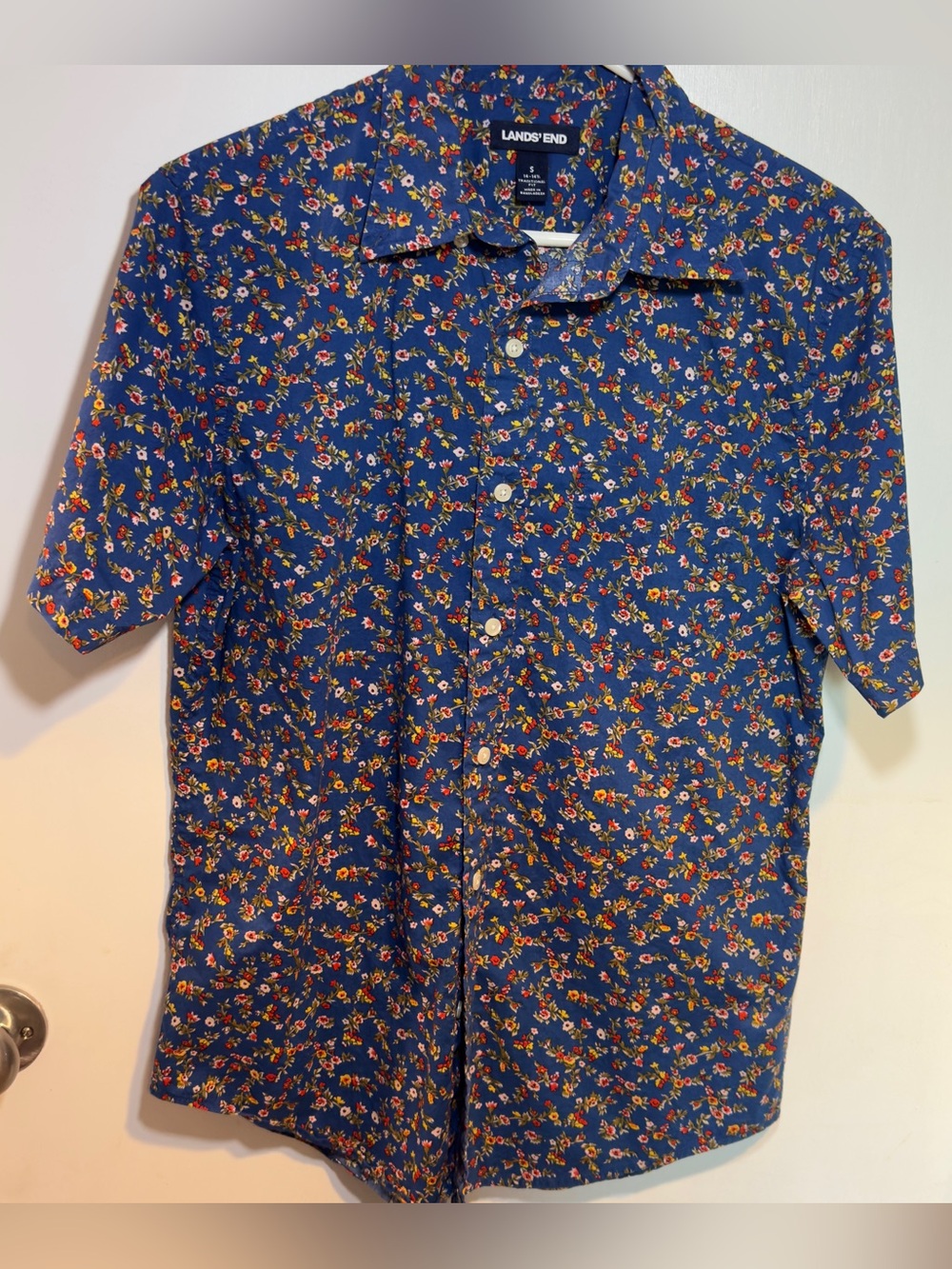 Lands' End Men's Royal Blue Floral Short-Sleeve Button-Down Shirt
